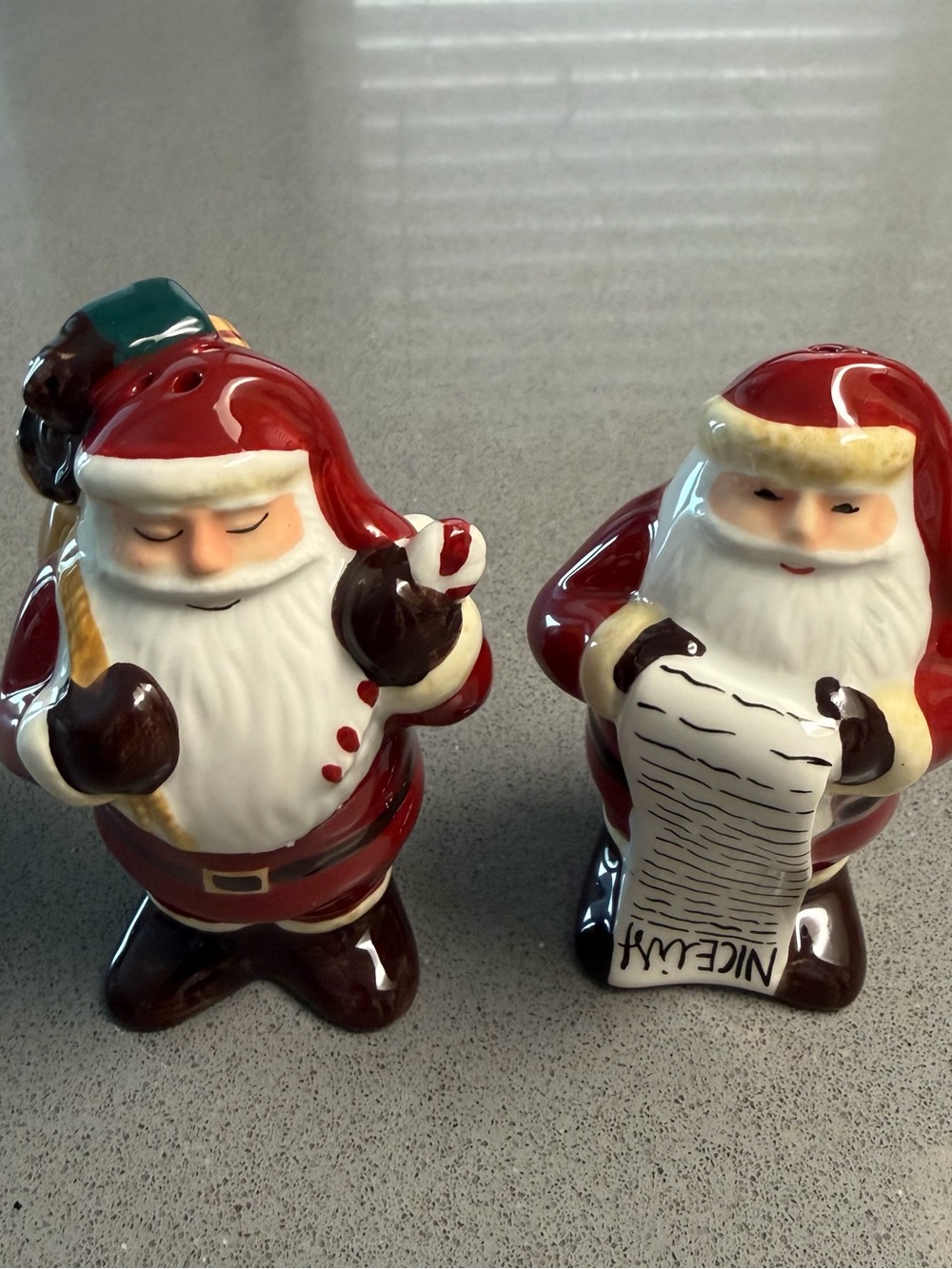 Santa Claus Salt Pepper Shakers Set Ceramic Nice List Toy Sack Christmas 4”